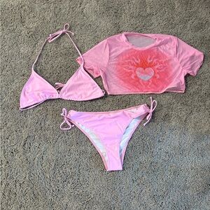 SHEIN Pink Bikini Set with Heart Tee